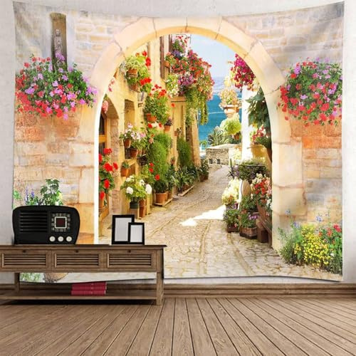 Mesnt Wandteppich Natur XXL, 350x256cm Gasse mit Blumenarrangement Natur Landschaft Wanddeko für Schlafzimmer Wohnzimmer Wohnheim | Bunt