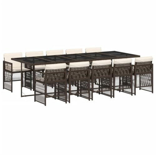vidaXL Garten Essgruppe 11-TLG., Gartenmöbel Set Tisch mit Glasplatte 10 Stühle, Gartengarnitur mit Kissen, Sitzgruppe Terrasse, Braun Poly Rattan