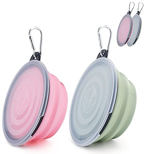 2 Stück Faltbare Reisenäpfe,Haustier Hundenapf mit Deckel und Haken Tragbare Silikon Trinkschale für Katzen,Hunde Reise Wanderungen and Camping (Blau und Rosa, klein)