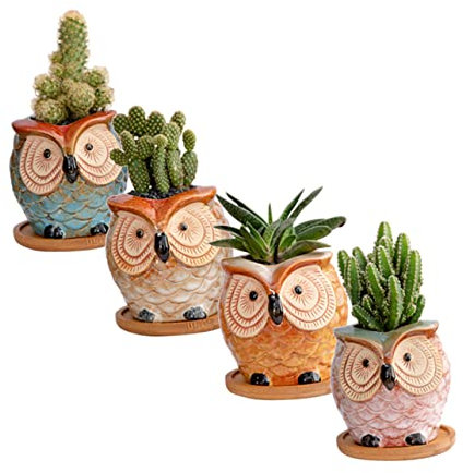 Happyyami 4stücke Keramik-blumentopf Für Sukkulenten Kreativer Blumentopf Mit Eulenmotiv Haushaltsblumentopf Runder Topf Mit Ablaufloch Bodenschale Für Heimgebrauch Ohne Pflanzen