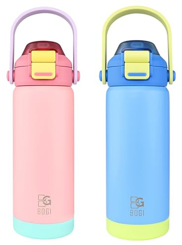 BOGI Metal Water Bottle with Straw, 720ml Stainless Steel Water Bottle for Sports Travel Gym Leak Proof Insulated Water Bottle with 2-in-1 Duo Lid for Boys Girls Keep Drinks | 2Pack-Pink+Blue
