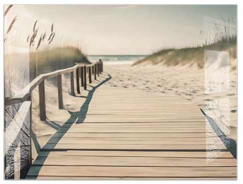 timalo Küchenbild aus Acrylglas modernes Wandbild Glasbild Deko Küche XXL Bild wie Glas | 80x60cm Holzsteg am Sandstrand – Weg durch die Dünen zum Meer, Sonnenuntergang