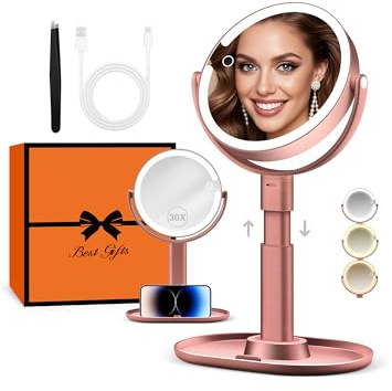 B Beauty Planet Beleuchteter Makeup Spiegel 30X Vergrößerungsspiegel mit 3 Farblicht, dimmbare LED & höhenverstellbar - Kosmetikspiegel 2-seitig für Badezimmer - Geschenk für Frauen Roségold