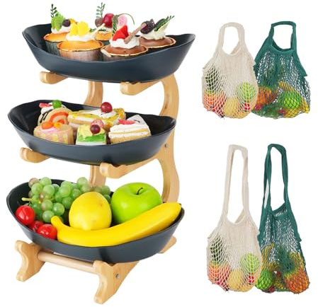 3 Tiered Bamboo Fruit Basket with 4 String Bags, BOJVESH Fruit Bowl with Reusable Shopping Mesh Bags, Fruits Stand Holder with Natural Rack for Kitchen, Party, Oval Bowl Set for Snacks Desserts