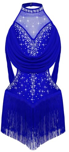 YiZYiF Abito Ballo Latino Bambina Ragazze con Strass Frange Body da Danze Vestito da Ballerina Costumi di Danza Performance Blu 11-12 Anni
