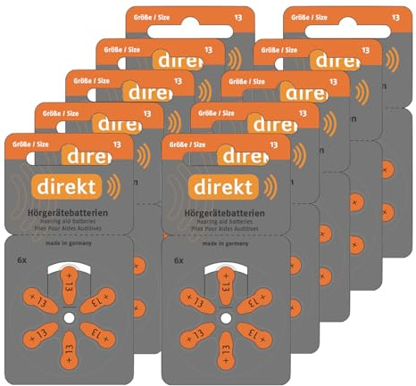 DIREKT Hörgerätebatterien Typ 13 Orange - Zink-Luft Batterien für Hörgeräte - PR48 P13 ZL2-1,45 V - Made in Germany - 60 Stück im Sparpack