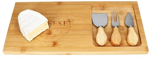 MamboCat Käsebrett Set aus Bambus mit 3 Käsemessern I Servierbrett (LxB) 38cmx18,5 cm für Hart- & Weichkäse I Geschenkidee für Genießer I Käse & Wein-Abende