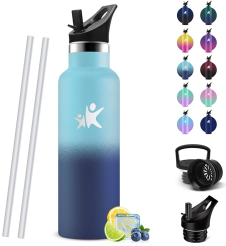 HoneyHolly Trinkflasche Edelstahl 500ML, BPA-Frei, Trinkflasche Kinder, Auslaufsichere Isolierflasche Doppelwandig, Wasserflasche, mit Strohhalm, 18/8 Edelstahl, Thermosflasche-Gelb & Rosenrot