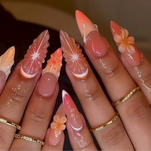Shimmerz 24 pièces ongles stylisés amande médium orange brillant avec motifs floraux peints à la main Stiletto ongles artificiels à coller DIY art des ongles d'été