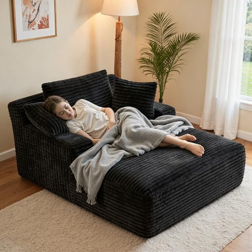 Aivermeil Boneless Couch Modern Cord Floor Sofa with Sleep Function - Cloud Sofa with Chaise Longue, 3 Cushions, Comfortable Sofa Couch for Living Room, No Assembly Required - Black - Size:172*130*71