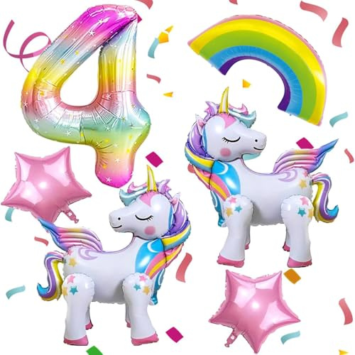 Nine San 6 Stücke Stehend Einhorn 4th Luftballons Regenbogen Unicorn Zahlen 4 Folienballon Einhörner Numbers 4 Helium Ballon Einhornballon Party Geburtstag 4th Einhornparty Deko
