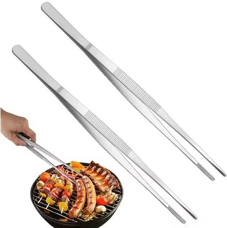 Bluecaps Professional Chef Tweezers Set – Pack of 2 Stainless Steel Precision Kitchen Tongs with Serrated Tips for Cooking, Plating, Baking & BBQ
