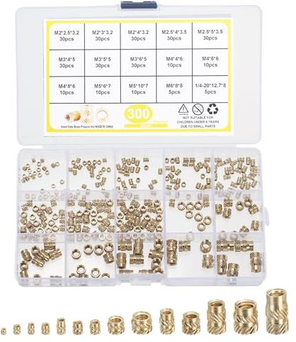 sourcing map 300Pcs Heat Threaded Inserts Kit, Metric Brass Knurled Nuts Assortment Kit M2/ M2.5/ M3/ M4/ M5 /M6 1/4-20 for Plastic and 3D Printing Components