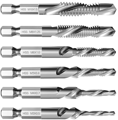 Gewindeschneider Set 6 Stück M3 M4 M5 M6 M8 M10 mit 6,3mm Sechskantschaft | Gewindebohrer 118° Schnittwinkel, rostfrei für Metall Holz Kunststoff DIY Handwerk