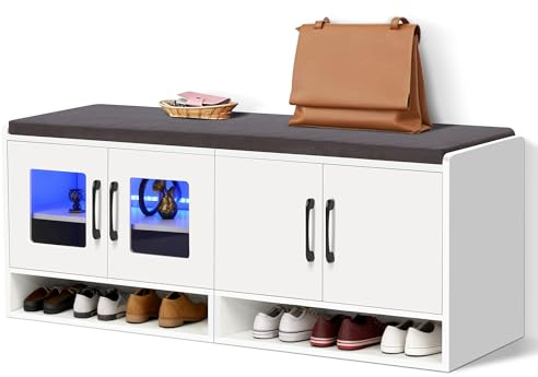 vellaniq Shoe Bench with Thickened Cushion,Entrance Bench with Glass Door and Ambient Light,Three-Layer Shoe Rack,Color Changing Light Strip, Two Large Storage Spaces,Living Room,Bedroom,White