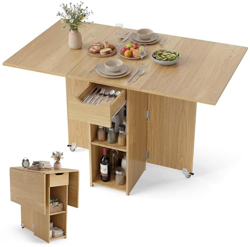 GIANTEX Matbord, hopfällbart, köksbord med låda, 2 hyllor och 2 hjul, för 6 personer, hopfällbart bord för matsal, kök, vardagsrum, 120 x 72 x 75 cm (natur)