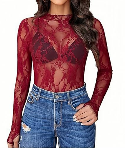 ROSVAJFY Mesh Lace Long Sleeve Top Women See Through Slim Fit Blouse | Breathable stretchy fabric, hugs your curves without clinging, sexy going out top, multiple colours, S-XL, for party clubwear