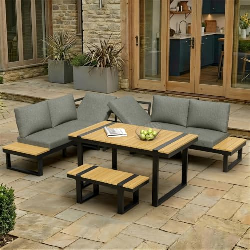 Hmluxury Garten-Essgruppe Eckstellung, 6-Sitzer Lounge-Set mit Verstellbarer Neigefunktion, verzinktes Stahlrohr und Kunststoff-Holz-Tischplatte, inklusive Tisch, Bank und Sofa