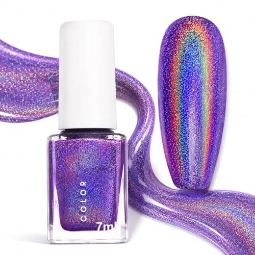 Holographic Glitter Nail Polish, Purple Nail Varnish, Quick Dry - Iridescent Shimmer Chrome Finish, No UV/LED Lamp Needed - 7ml Lilac Colour for DIY Manicure, Party and Everyday Looks