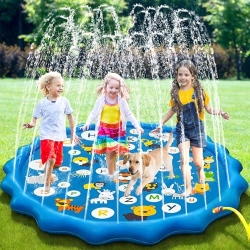 67 Splash Pad per bambini tappetino da gioco per acqua con alfabeto e motivo animale Splash Play Mat per bambini di 3+ anni Giocattoli d'acqua per giardino estivo all'aperto