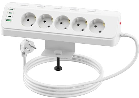 Regleta de 5 enchufes con USB, Regleta Escritorio Enchufe Multiple | Regleta de Esquina con Pinza y Protección contra Sobrecargas, Interruptores Individual, 2M Cable, Para Hogar, Cocina, Oficina
