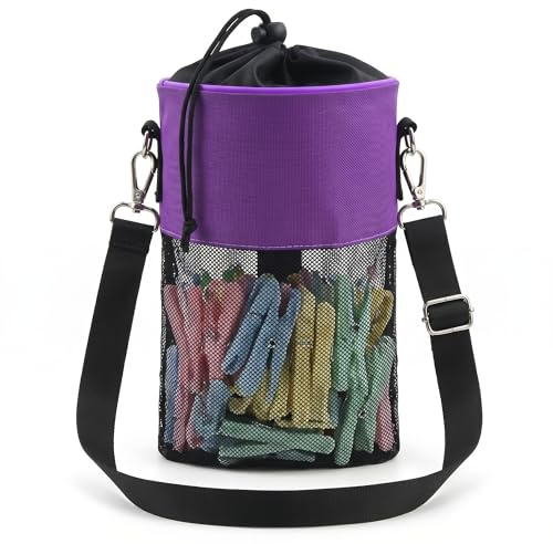 Vovora Clothes Peg Bag for Washing Line, Purple Peg Bag with Drawstring Closure, Portable Peg Storage Bag with Shoulder Strap for Laundry Line Use