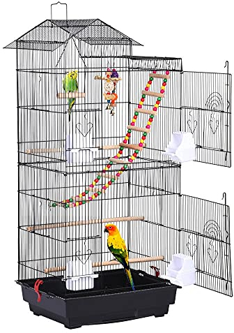 Yaheetech Vogelkäfig mit Vogelspielzeuge, Wellensittichkäfig Käfigspielzeug Nymphensittiche Fink-Papageien-Käfig mit Vogeltreppe, 99x46x35,5 cm, Schwarz