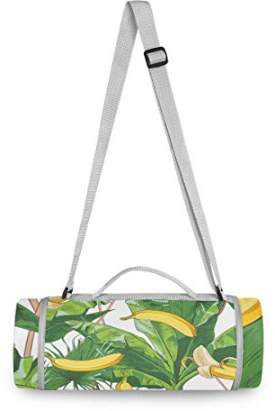 BEUSS Bananenpflanze Kunst Picknickdecke wasserdicht Kreative Runde Picknick-Matte Kampierende Strand Yoga Decken Matten im Freien Faltbar Leicht Matte Decke mit Tragegriff(148cm x 148cm)