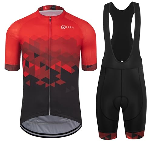 GCRFL Men's Cycling Jersey Set Road Bike Shorts Sleeves Jersey Zipper Pokcet Bib Shorts with Padded, Cycling Clothing kit Men (Red, XL)