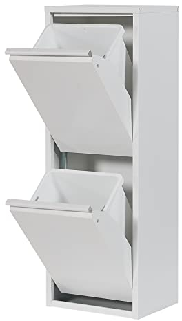 Atahome Aphrodisias Waste and Recycling Bin - 2 Drawers and Plastic Buckets with Metal Handles, 2x15 Litres Waste Separation & Recycling Bin, Sturdy Metal Structure Rubbish Bin (White)