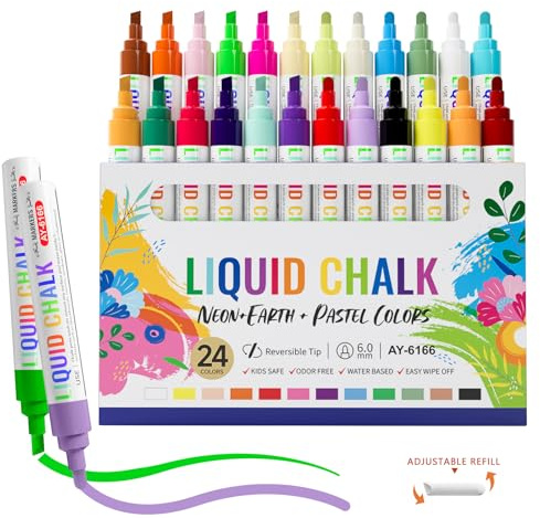 24 Colors Liquid Chalk Markers Dry&Wet Erase for Blackboard, Whiteboard, Chalkboard, Calendar, Chalk Marker with 6mm Reversible Tip for Car, Window, Glass, Auto, Paint and Drawing Washable Chalk Pens