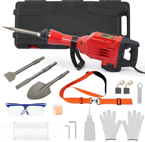 3600W Demolition Jack Hammer Metal Concrete Breaker Jack Hammer Electric Tool Kit, 4pcs Chisels Bit Set W/Case, Noise-Canceling Earplug, Shoulder Strap