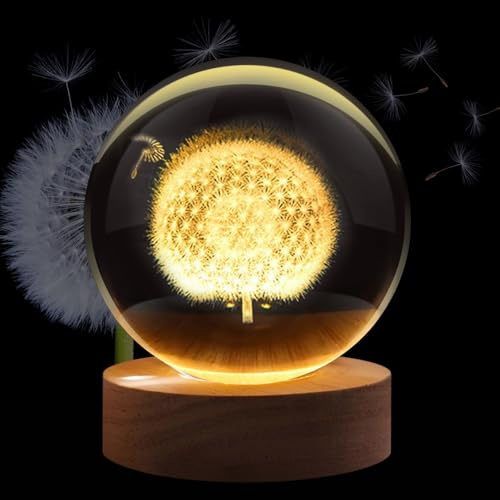 Flexzion 3D Pusteblume Kristall Kugel Nachtlicht - LED Glas Hologramm Löwenzahn Lampe, Kugel Glas Licht mit Massivholzsockel, USB-betriebene Kugeln Lampe mit einstellbarer Helligkeit, 60 mm