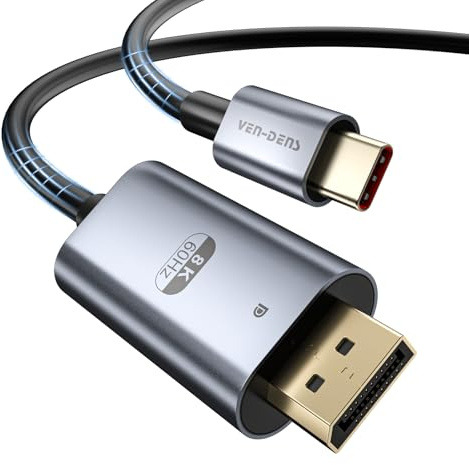 VEN-DENS Cable DisplayPort 8K 1.4 - Thunderbolt 3/4 (8K @60Hz, 4K @144Hz, 1080P @240Hz) - 32.4 Gbps, HDR, G-Sync FreeSync, certificado VEAS para laptop, monitor de juegos, configuración de monitores