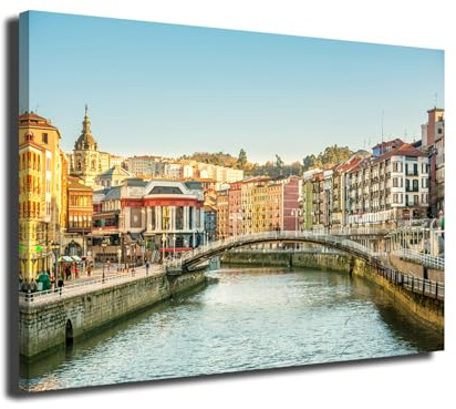 INGENIA HOME Cuadro lienzo canvas Ria de Bilbao con luces del atardecer Vizcaya Pais Vasco- Alta resolución – Varias medidas (150_x_100_cm)