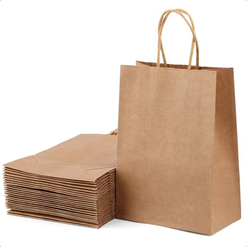 HUALIANG Papiertüten 50stk Geschenktüten Mit Henkel 21x15x8 cm, Klein Gestalten Braun für Partys, Hochzeiten, Halloween und Weihnachten - Süßigkeiten Taschen
