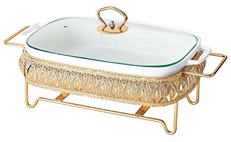 XQKXHZ Rectangle Chafing Dishes, White Ceramics Buffet Servers and Food Warmers, with Fuel Holders and Glass Lid, Premium Chafing Dish Set for Events, Parties, Catering,S