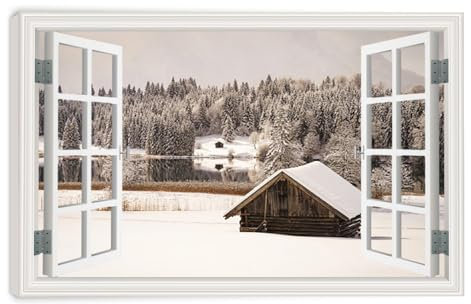 Holzhaus Im Schnee Leinwanddruck Wandkunst Fensteransicht Landschaft Verschneite Kiefern Natur Wildnis Fotografie Moderne Kunst Rustikal 75x50cm