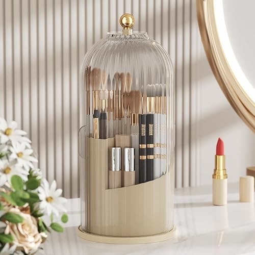 Makeup Brush Holder Organizer 360 Rotating Beauty Brushes Storage, Makeup Brush Holder with Lid, Waterproof Dustproof Beauty Brushes Storage for Vanity (Transparent) (transparent)