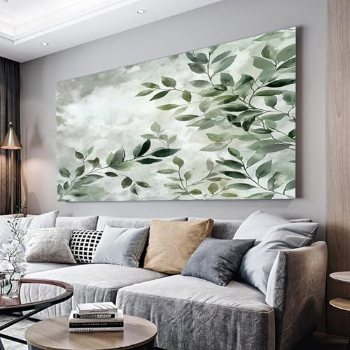 ZORYAN Aquarell Pflanzenblätter Wandbilder Dekoration Wohnzimmer Leinwand | Bilder Grün Leinwandbild Schlafzimmer Deko, Wandbilder, Groß Kunstdruck Art Wanddeko Bild Decor Canvas 70x140 cm