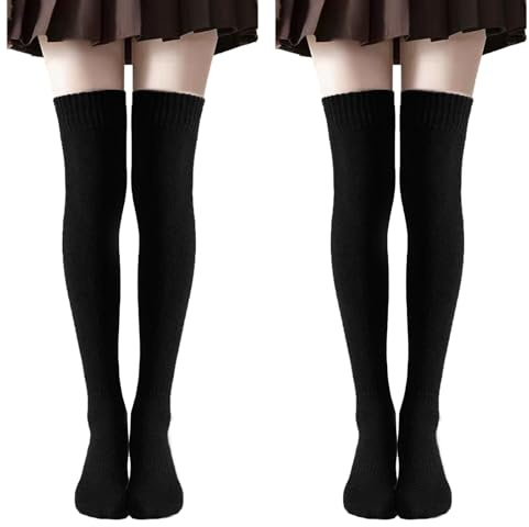 Mayoii 2 Pairs Thigh High Socks – Black Knee High Socks for Women, Soft & Stretchy Over the Knee Style for School, Sports & Casual Wear (Black*2)