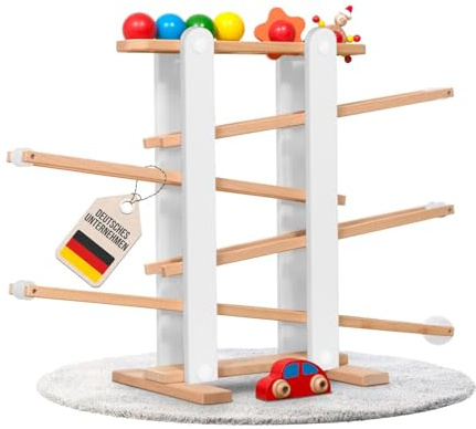 Coemo Stabile Kugelbahn L aus Holz, Grau, 7 niedliche Mobile wie Auto | Blume, Kasper, große Murmelbahn für Kinder, Rennbahn für Baby und Kleinkind, Motorikspielzeug, Hochwertiges Buchenholz