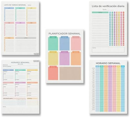 Canvartin Set de 5 Planificadores Semanales y Diarios Reutilizables A4 – Láminas Borrables Escribir y Borrar – Incluye Horario 24h, Lista de Tareas y Tracker de Hábitos – 5 Hojas + Fino de Regalo