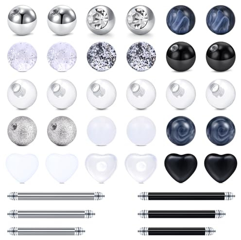 LAURITAMI 14G Piercing Langue et Piercing Téton Acier Inoxydable et Plastique, Boules de Rechange 5 mm, Barbells de Rechange 14/14/16 mm, Percing a la Langue Percing Nipple,Bijoux Corporels,36 Pièces
