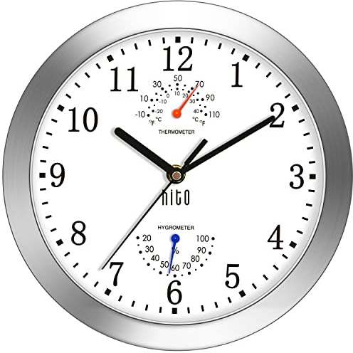 HITO 10 Inch Silent Wall Clock Battery Operated Non Ticking Glass Cover Silver Aluminum Frame, for Kitchen, Bedroom, Home Office, Living Room Decor (White)