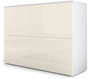 Vladon Sideboard Rova, Made in Germany, Kommode mit 4 Türen, Weiß matt/Creme Hochglanz (92 x 72 x 35 cm)