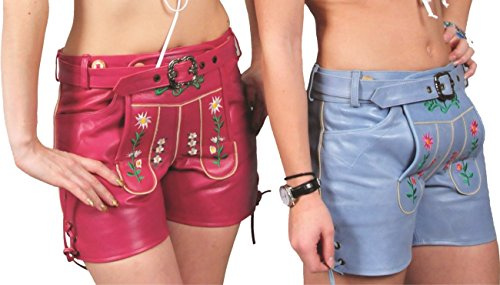 Damen Lederhose mit Gürtel- Echt Leder Nappa antik Trachten Lederhose kurz, Damen Trachtenlederhose mit Gürtel in Pink, Blaugrün (38, Blaugrün)