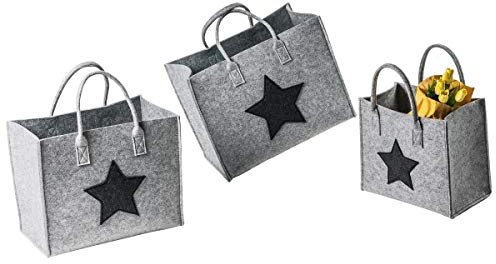 LA FIORE 24 Filztaschen 3er-Set Stern Filz Einkaufstasche Damen Shopper Henkeltasche Zeitschriften Aufbewahrungstasche Handtasche (Hellgrau)