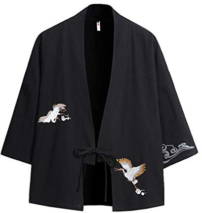 Black Sugar Kimono Uomo Tradizionale Nero Cotone Di Buona Qualità Gru Borderia Giapponese Top Giacca Giacca, Nero , XXXXL