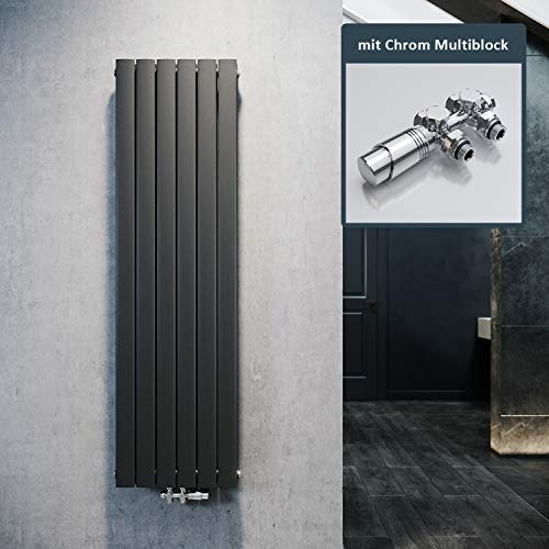 ELEGANT Design Heizkörper Flach 1600x462mm mit Chrom Multiblock Thermostat Flachheizkörper Anthrazit Doppellagig Vertikal Heizkörper Mittelanschluss